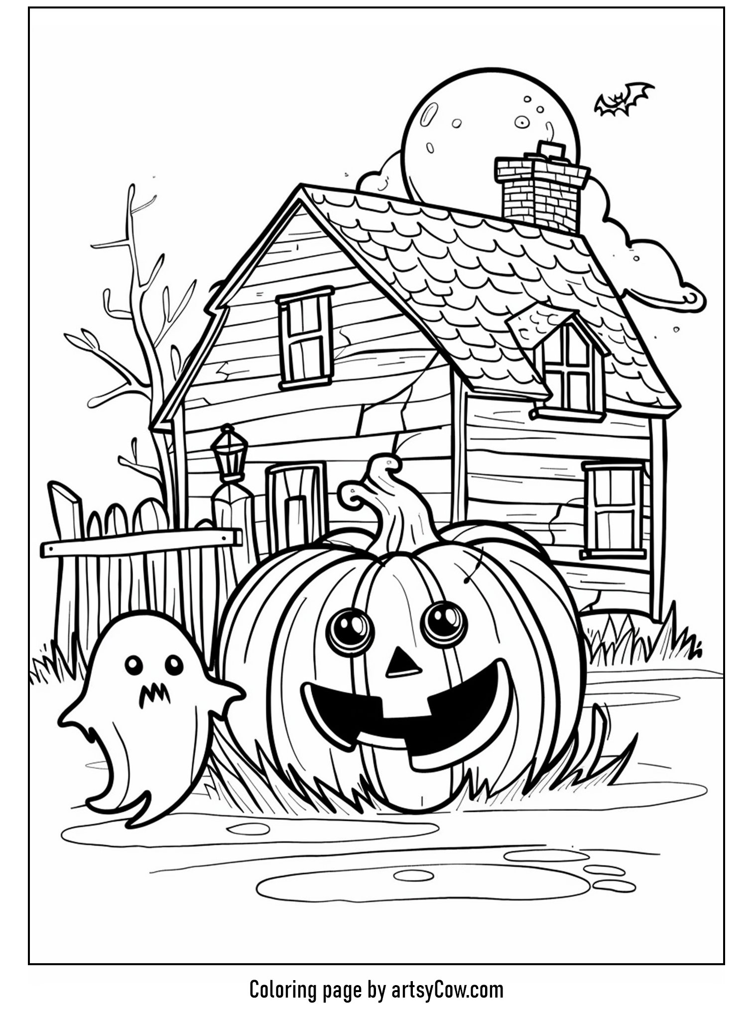 halloween pumpkin drawings for kids: a happy pumpkin with a ghost and haunted house under a full moon with a flying bat.